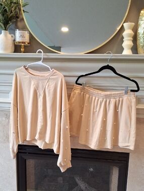 Women's Pearl-Embellished Cream Lounge Set